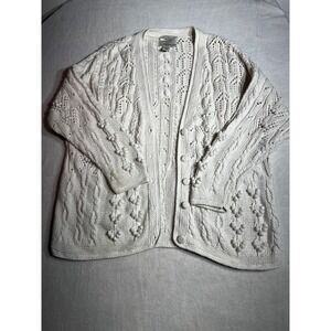 Vintage Express Handknitted Cable Knit Popcorn Cardigan Sweater Cream Large